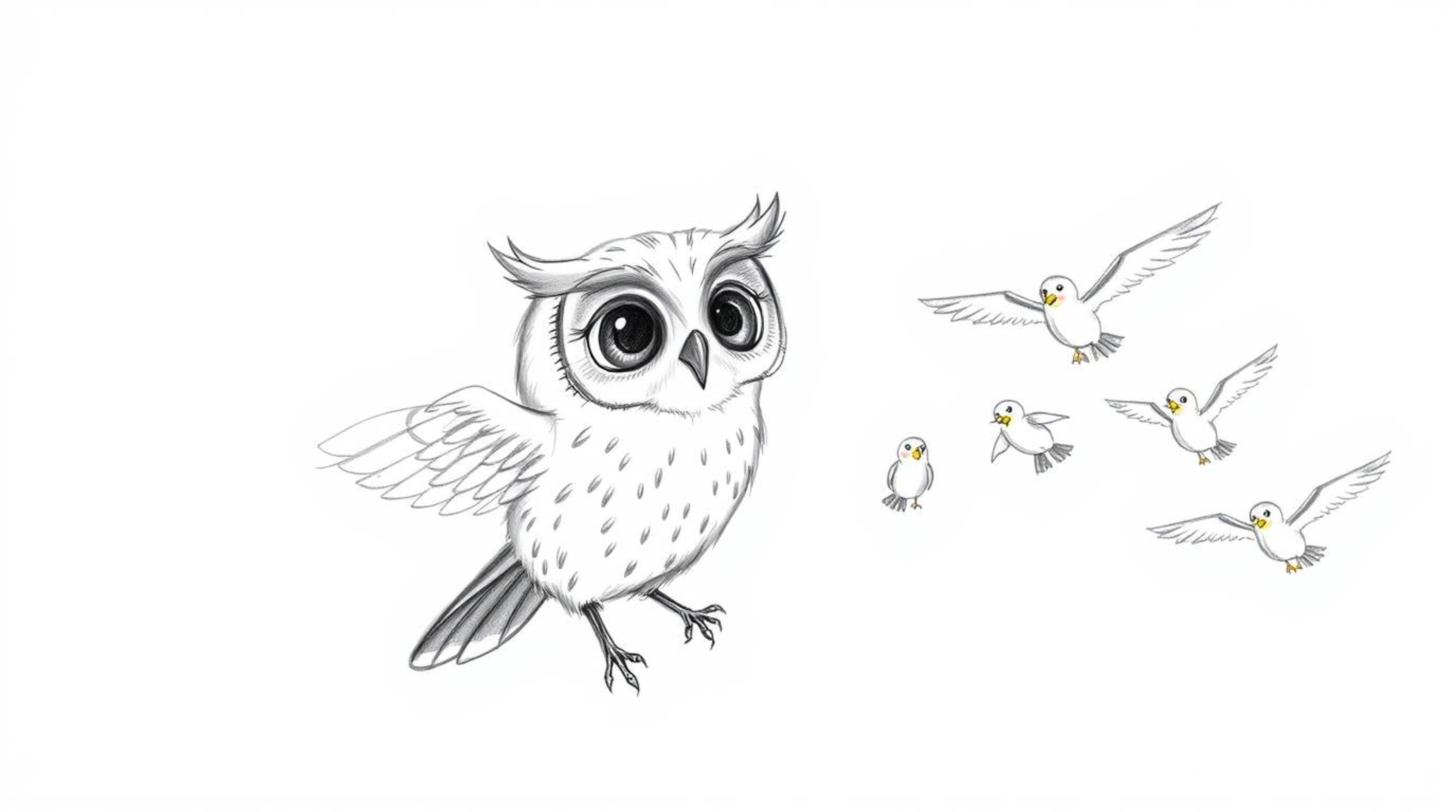 A heartwarming hand-drawn sketch in the style of Pixar depicts a blind owl, its soft feathers and large, expressive eyes conv