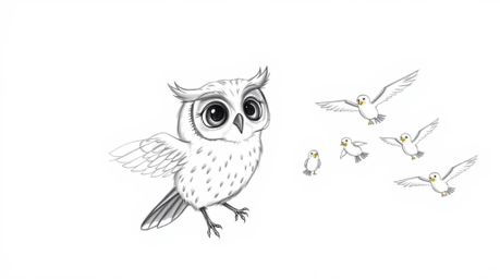 A heartwarming hand-drawn sketch in the style of Pixar depicts a blind owl, its soft feathers and large, expressive eyes conv
