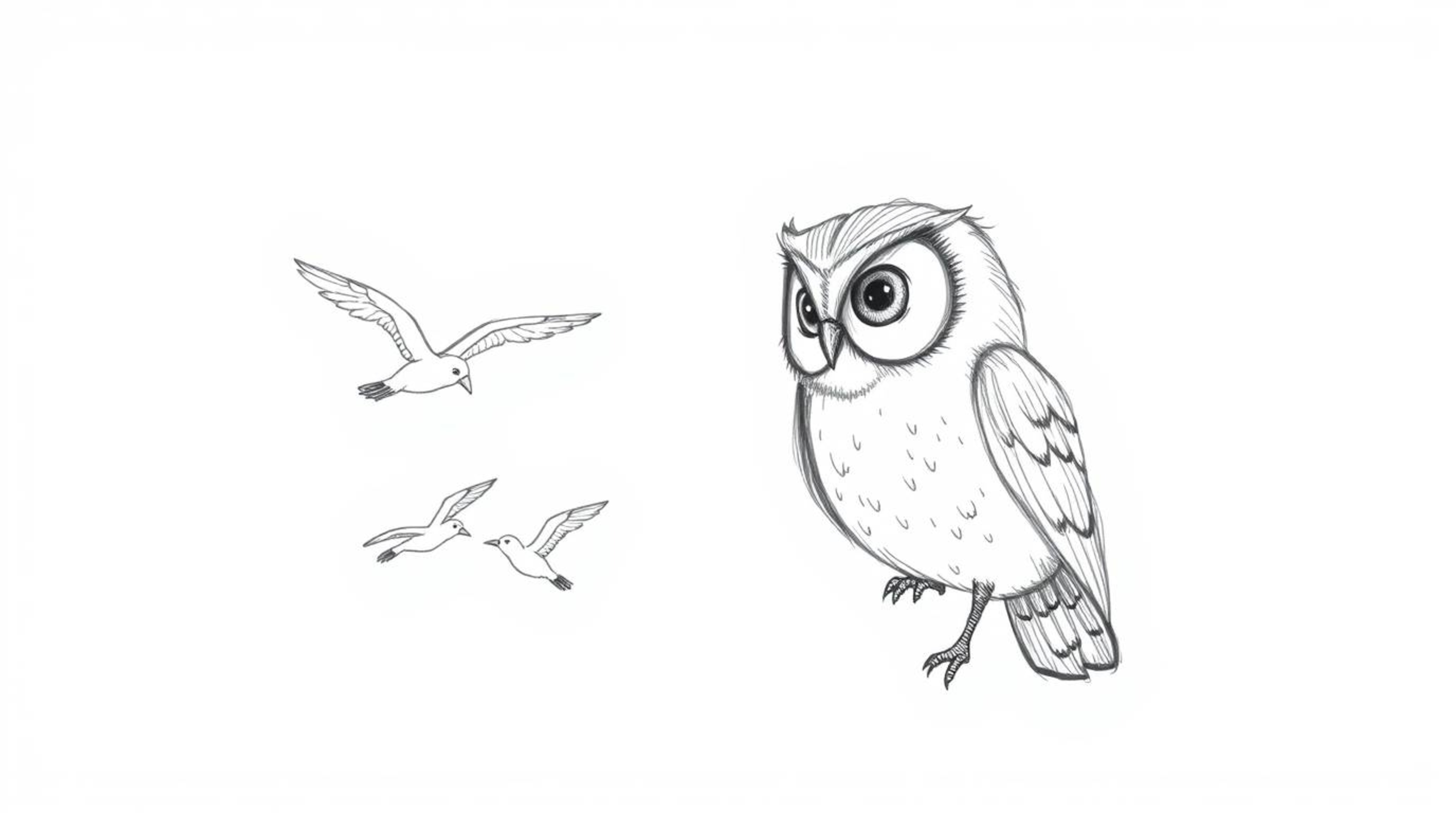 A charming hand-drawn sketch in a Pixar-like style depicts a blind owl gently teaching a flock of birds to fly.  The scene un