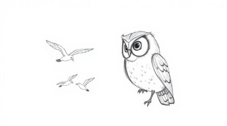 A charming hand-drawn sketch in a Pixar-like style depicts a blind owl gently teaching a flock of birds to fly.  The scene un