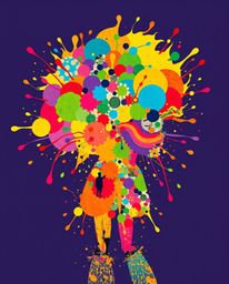 Explore a dreamlike surreal image showcasing colorful splash patterns that coalesce into a cute and charming human silhouette