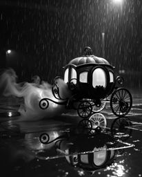 A captivating black and white image depicts a magical pumpkin transforming into a carriage under a gentle rain.  The scene is