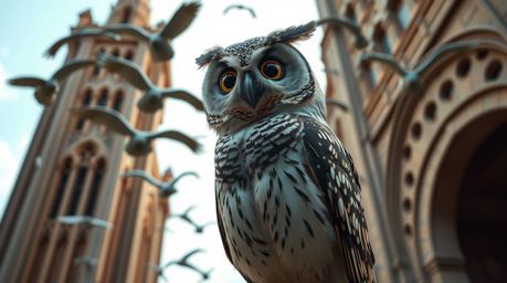 A precise architectural color photograph capturing a blind owl, rendered in a Pixar-esque style, whispering words of encourag