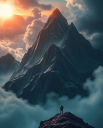 Behold an epic, grand, and modern futuristic scene of a sunset from a high alpine peak, depicted on a massive scale. This pow