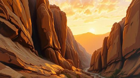 A classic oil painting depicts a breathtaking rocky canyon illuminated by warm sunset hues. The artwork showcases a rich pale