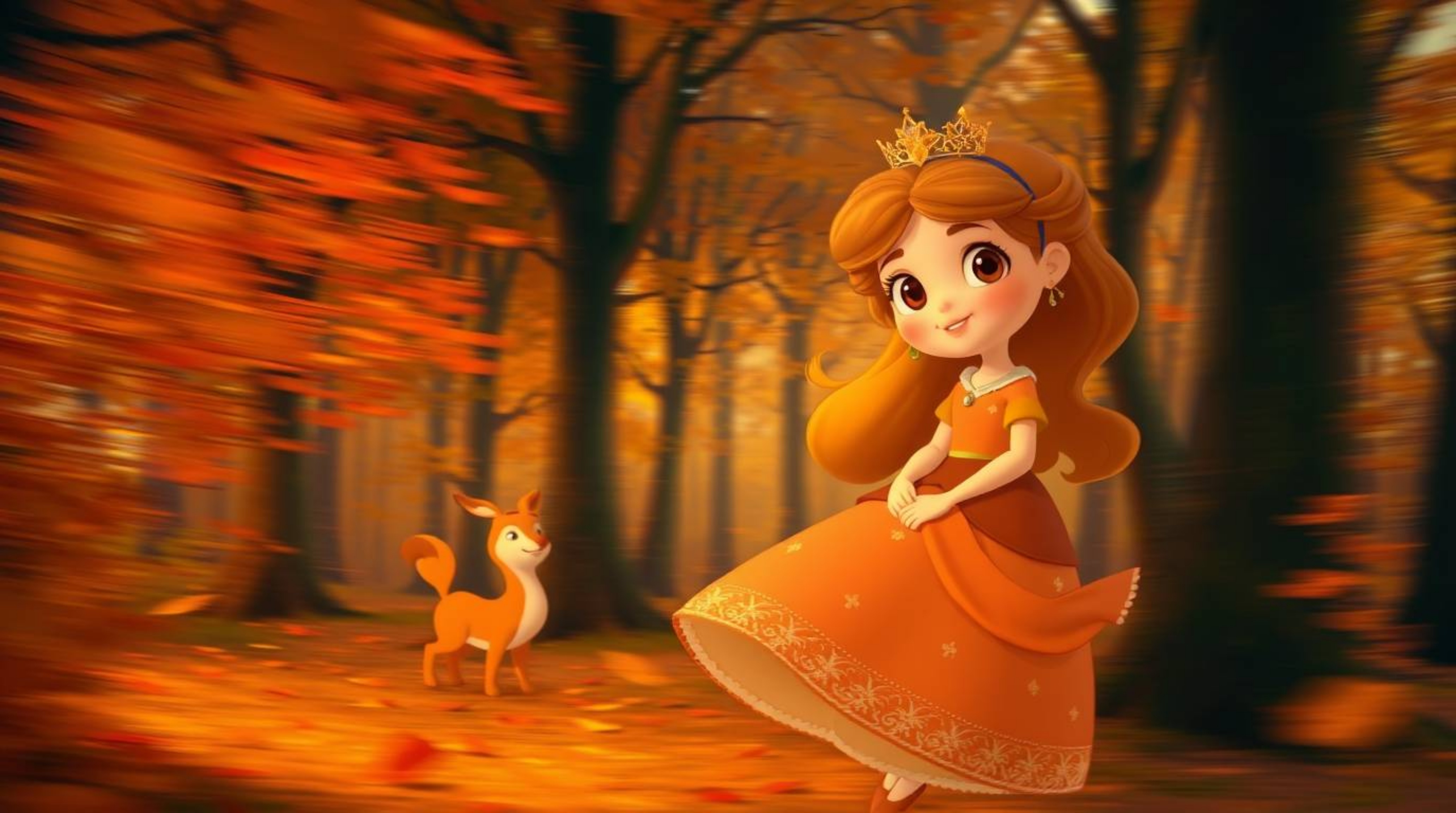 Capturing the essence of warm autumn colors with long exposure photography, this artwork depicts a princess in vintage 2D ani