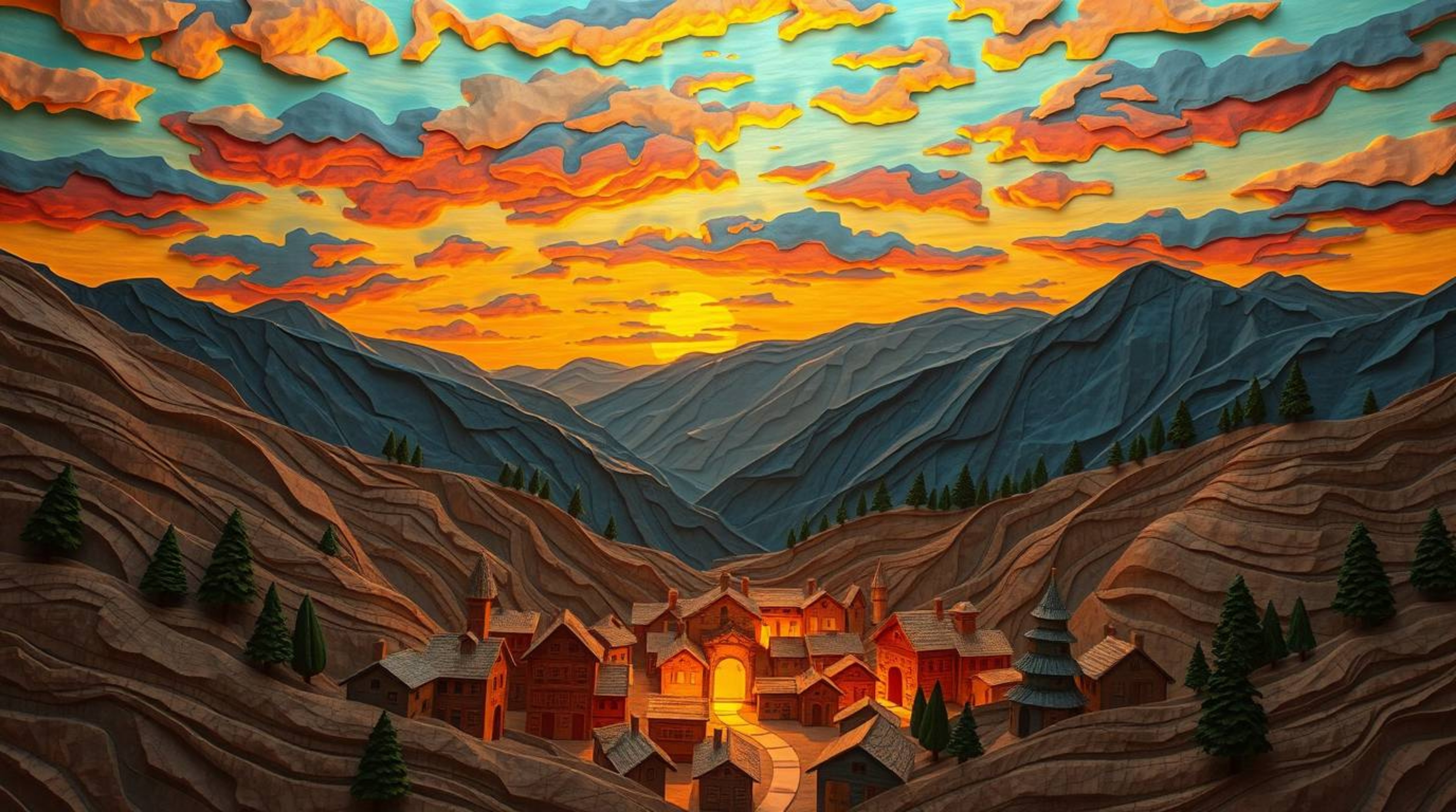 Immerse yourself in a cozy village nestled in a vibrant valley beneath a colorful sky, meticulously crafted from layered papi