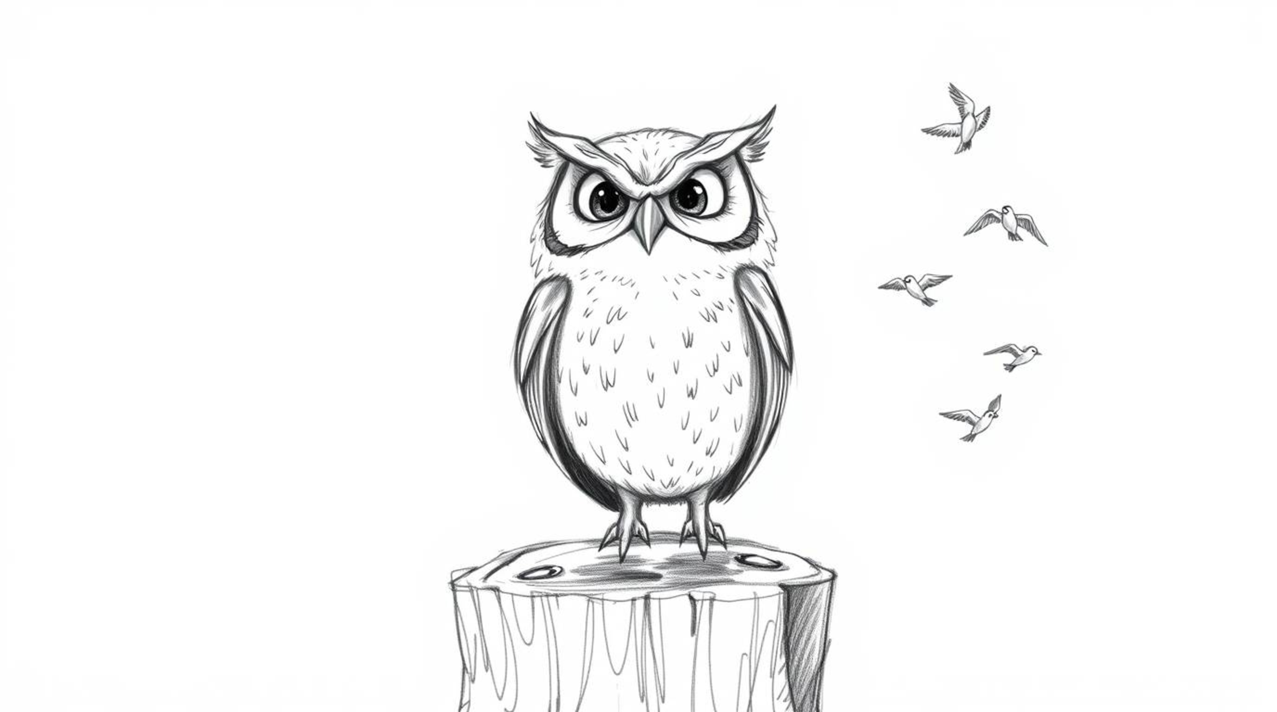 A heartwarming hand-drawn sketch, reminiscent of Pixar's style, depicts a blind owl with deeply expressive wrinkles, joyfully