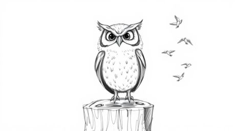 A heartwarming hand-drawn sketch, reminiscent of Pixar's style, depicts a blind owl with deeply expressive wrinkles, joyfully
