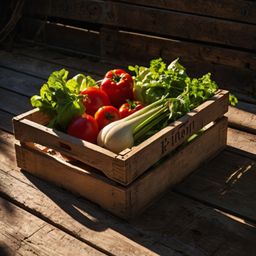 Capture the essence of farm-fresh goodness with this image depicting a rustic wooden crate overflowing with newly harvested v