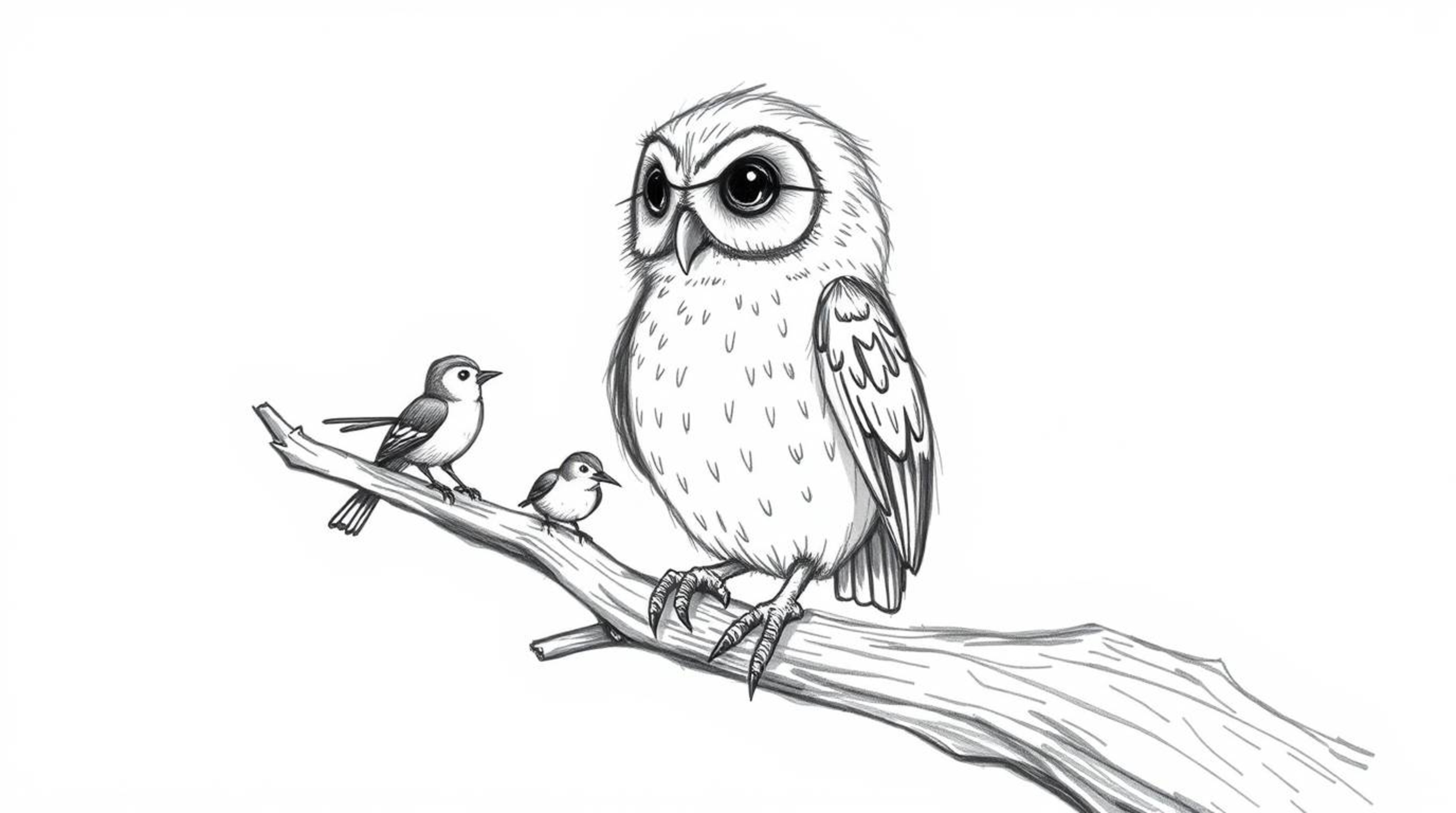 A heartwarming hand-drawn sketch in Pixar style depicts a blind owl with incredibly soft feathers, perched patiently on a hol