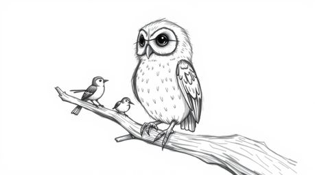 A heartwarming hand-drawn sketch in Pixar style depicts a blind owl with incredibly soft feathers, perched patiently on a hol