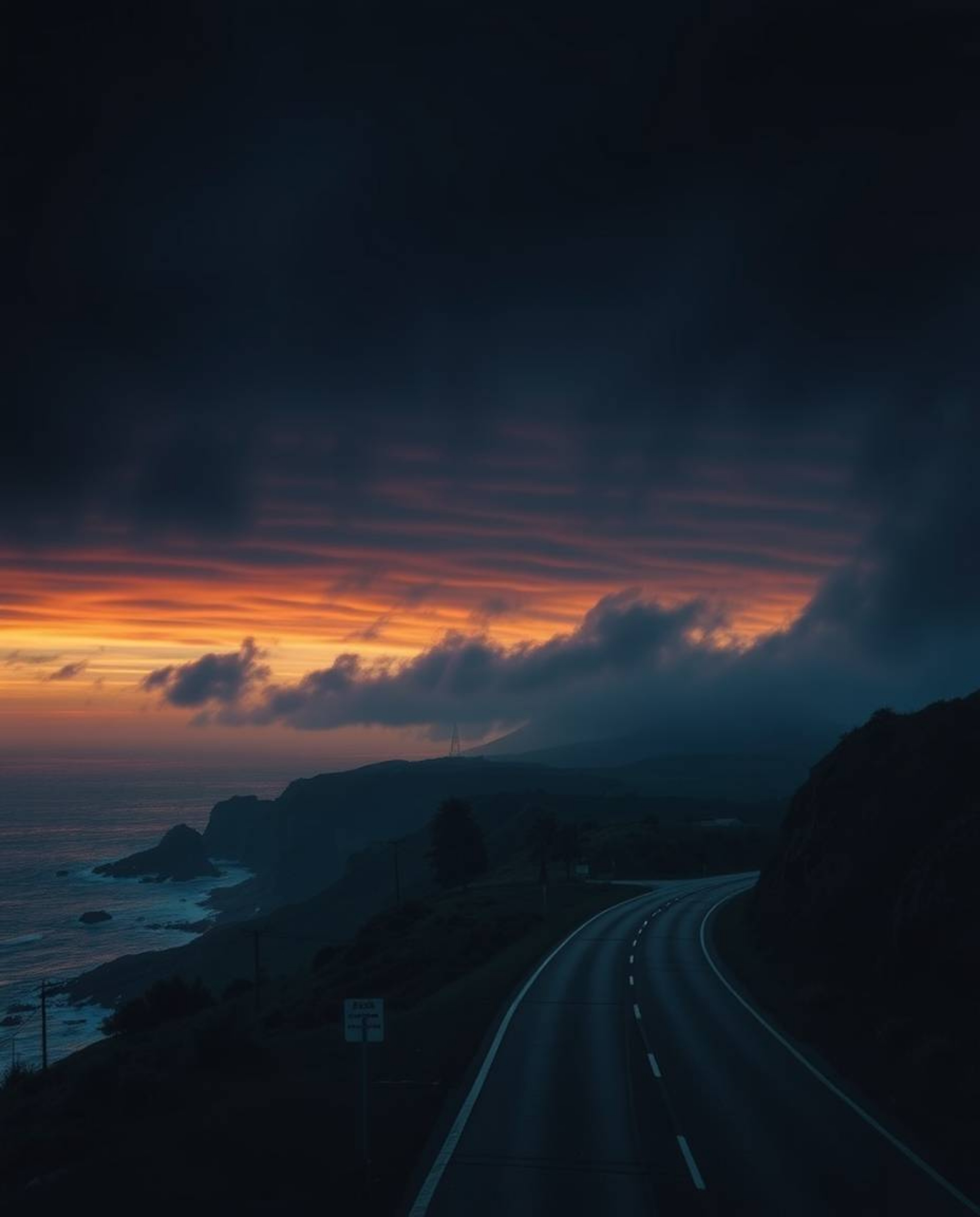 This is a professional-quality, high-resolution stock photo depicting a sunset sky over a winding coastal highway. The image 