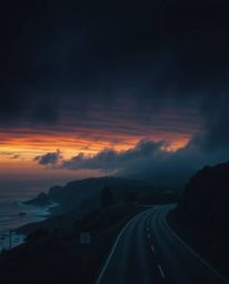 This is a professional-quality, high-resolution stock photo depicting a sunset sky over a winding coastal highway. The image 
