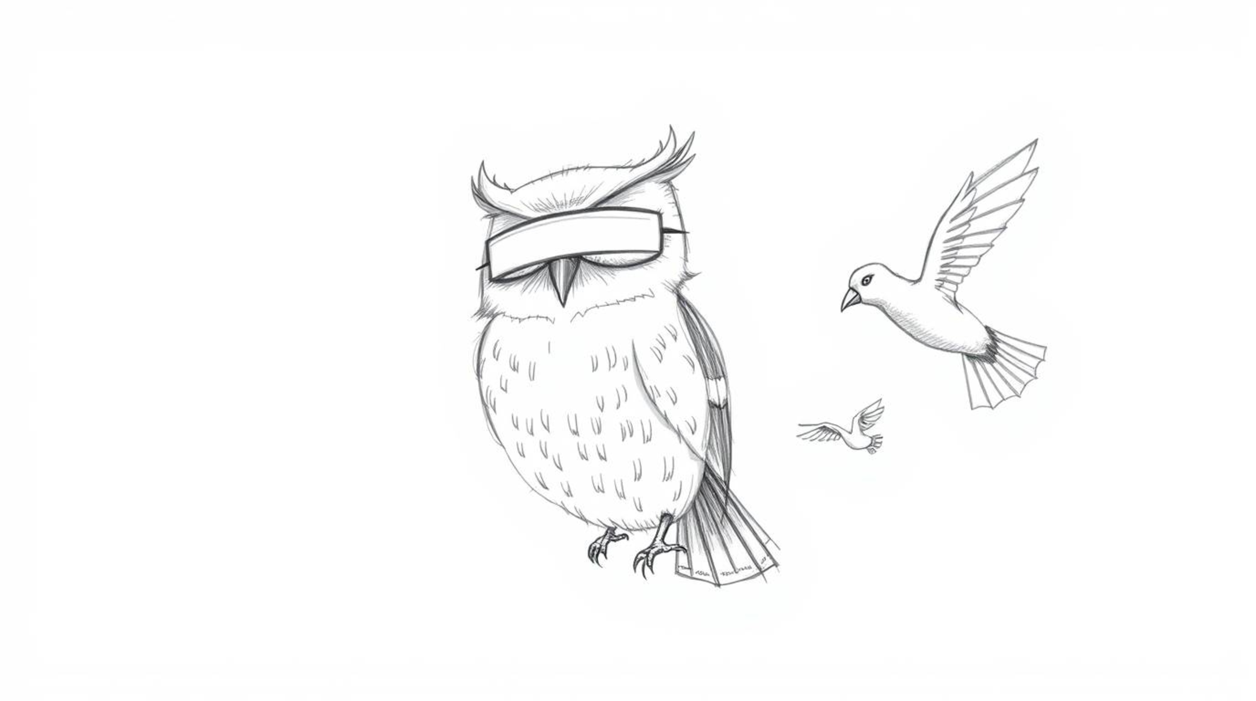 A heartwarming, Pixar-style pencil sketch depicts a blind owl, its face radiating wisdom and understanding, guiding a flock o
