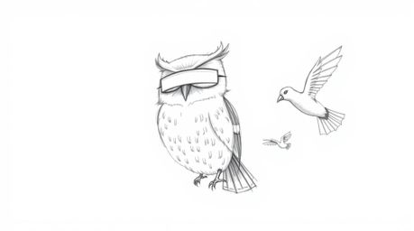 A heartwarming, Pixar-style pencil sketch depicts a blind owl, its face radiating wisdom and understanding, guiding a flock o