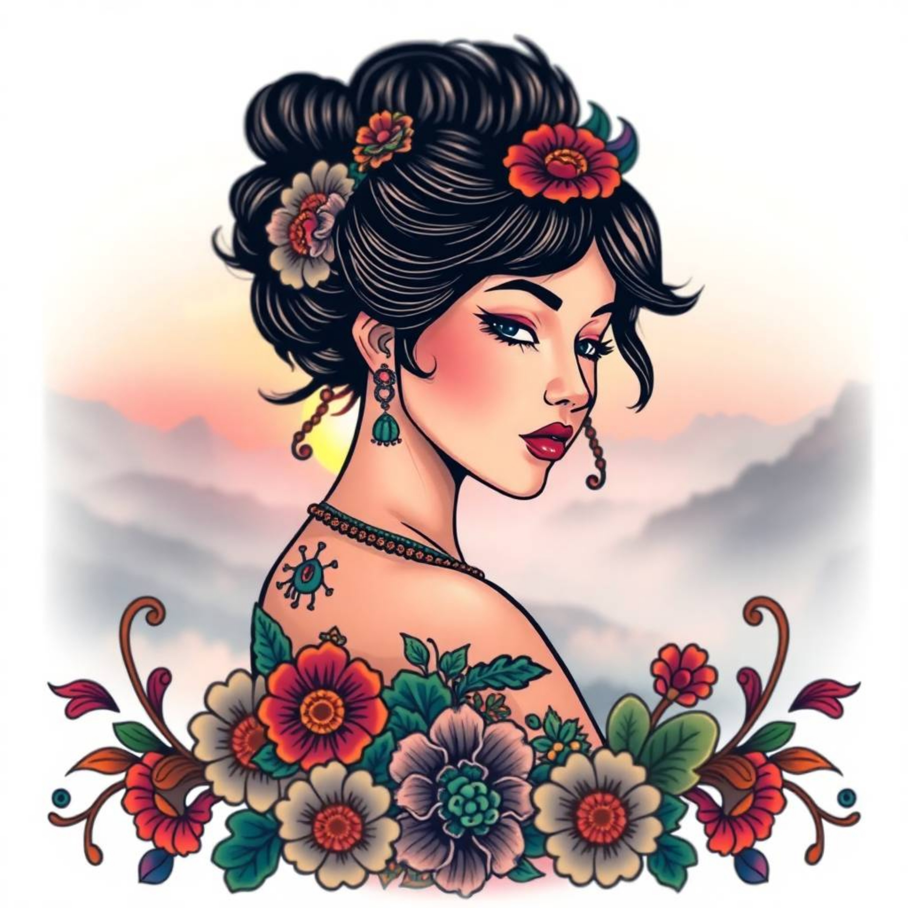 A captivating traditional tattoo-style print showcases a vibrant sunset over a serene mountain valley.  The scene features a 
