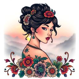 A captivating traditional tattoo-style print showcases a vibrant sunset over a serene mountain valley.  The scene features a 
