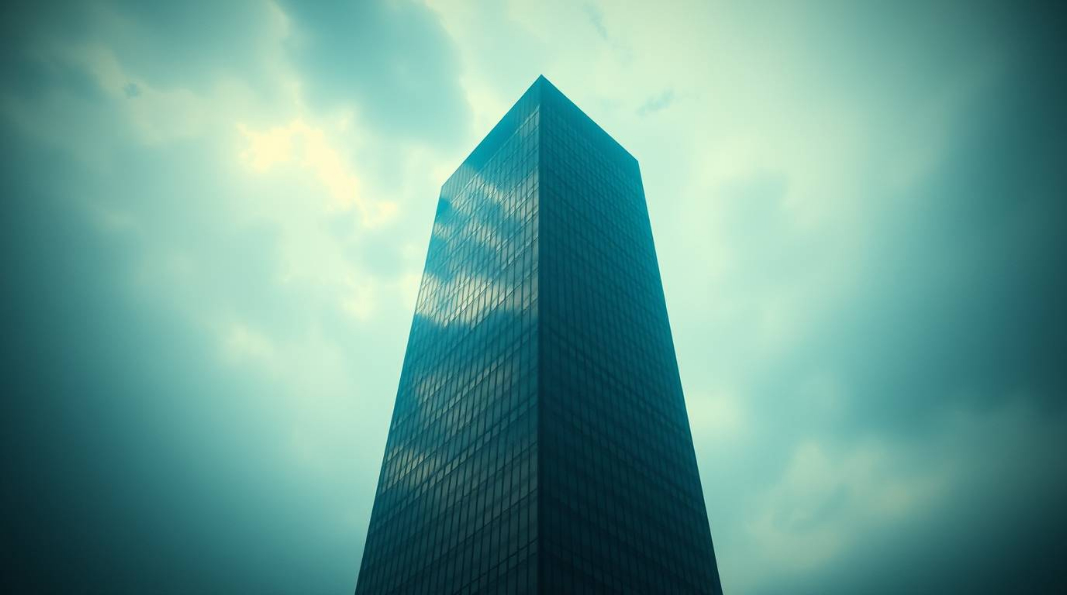 Dramatic cinematic visuals showcasing a modern glass building dissolving into a cloudy sky, rendered in high contrast terraco