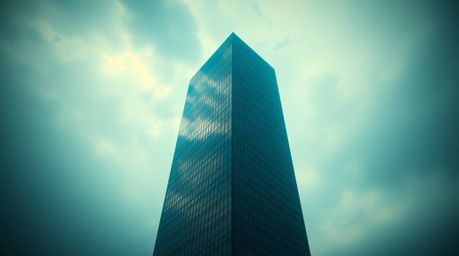 Dramatic cinematic visuals showcasing a modern glass building dissolving into a cloudy sky, rendered in high contrast terraco