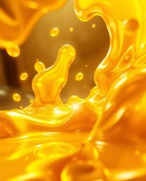 This dynamic digital painting showcases surreal 3D fluid shapes reminiscent of melted glass, bathed in warm golden hues. The 