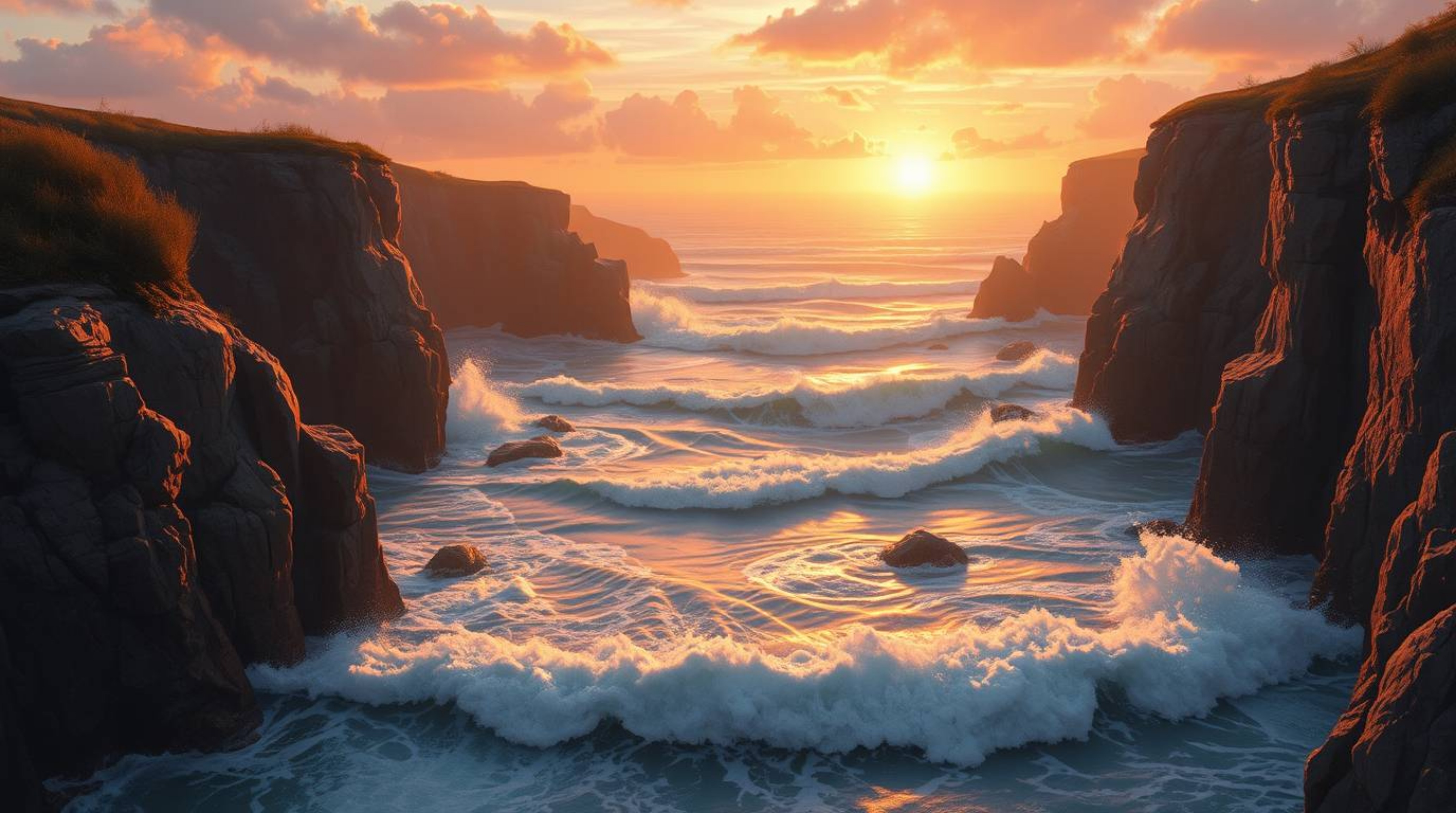 A captivating digital painting showcases the dramatic beauty of waves crashing against cliffs at sunset.  Bathed in warm autu