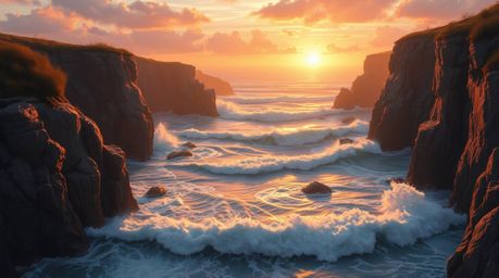 A captivating digital painting showcases the dramatic beauty of waves crashing against cliffs at sunset.  Bathed in warm autu