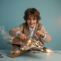 Exquisite high-fashion photography captures a boy with bright, curious eyes building an intricately designed cardboard spaces