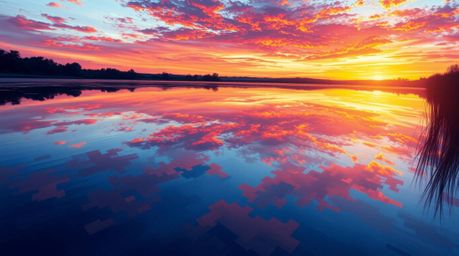 A captivating digital painting depicting a serene reflection of a vibrant sunset in a calm pond.  The artwork showcases stron