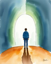 This captivating watercolor painting portrays a solitary figure standing at the precipice of a tunnel, gazing towards a radia