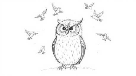 A heartwarming hand-drawn sketch in a textured pencil style, inspired by Pixar, depicts a wise, blind owl at rest. Small bird