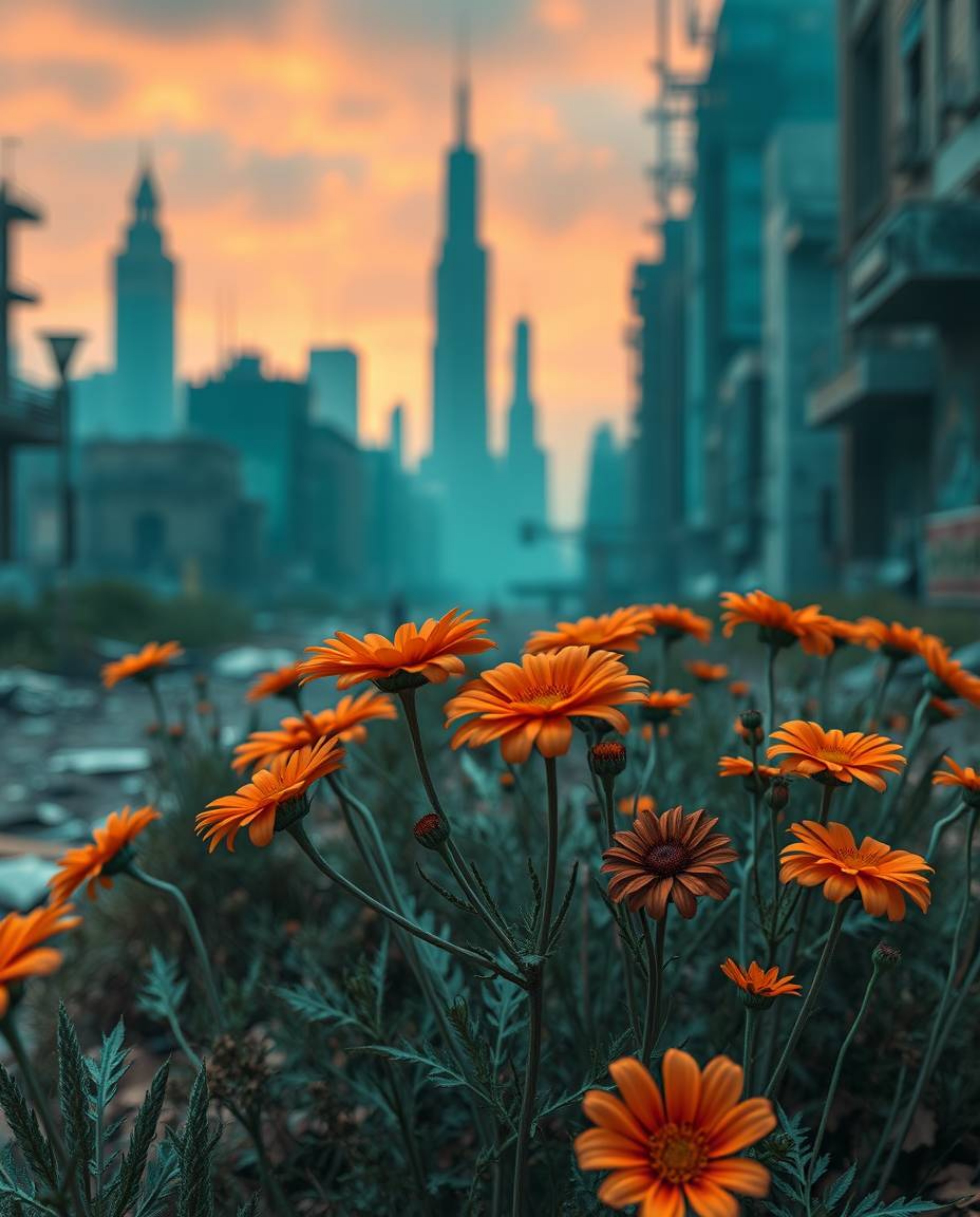 Vibrant terracotta and cool teal flowers bloom amidst the ruins of a post-apocalyptic city, creating a striking contrast of w