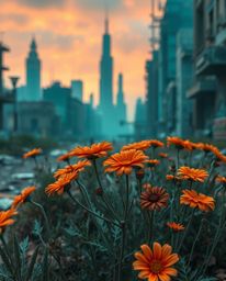 Vibrant terracotta and cool teal flowers bloom amidst the ruins of a post-apocalyptic city, creating a striking contrast of w