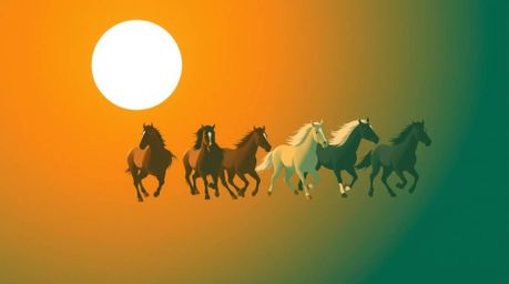 A modern flat design illustration depicting a herd of wild horses running dynamically beneath a vibrant, glowing sky. The art