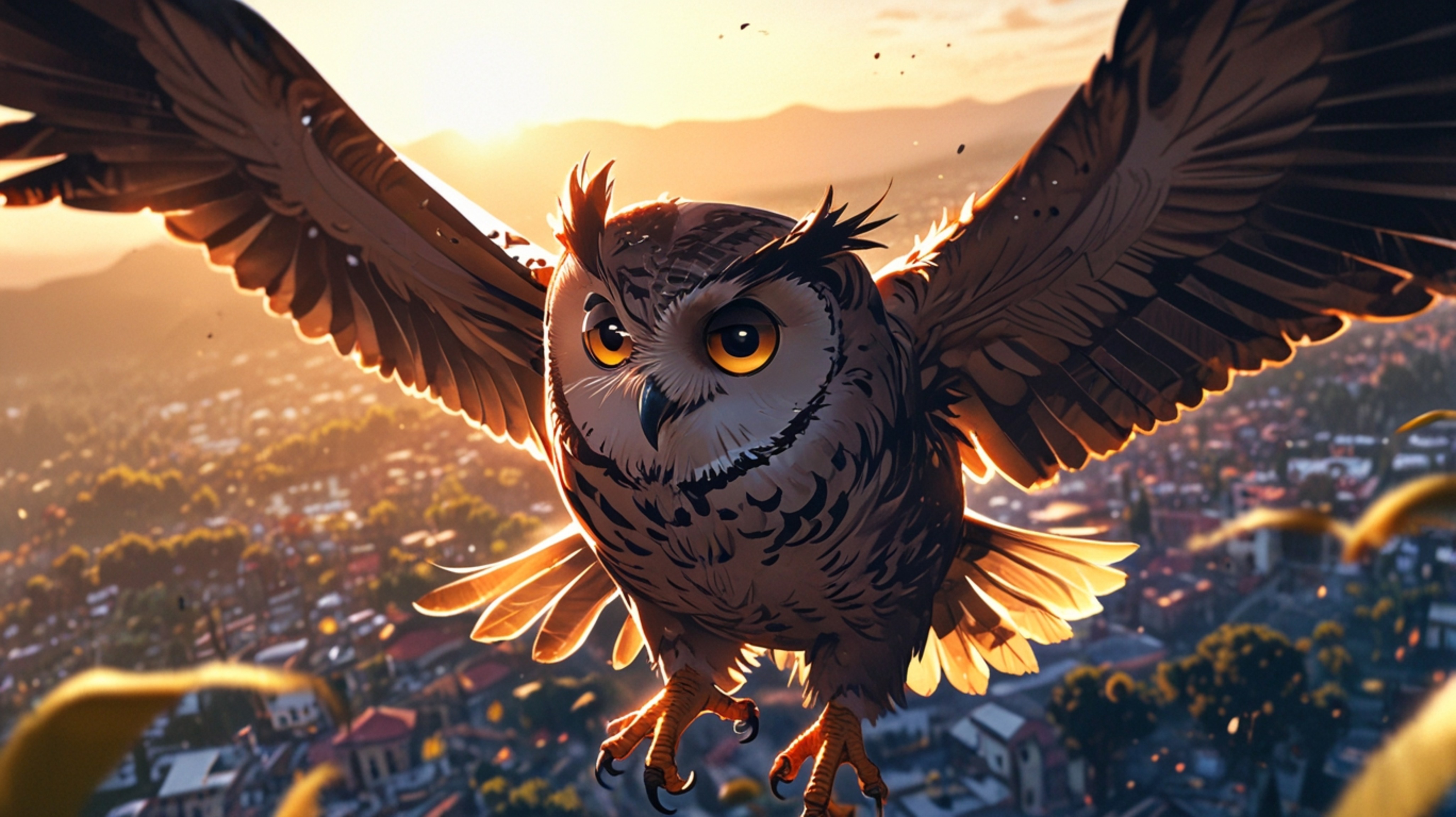 A stunning and hopeful scene, rendered in a beautiful blend of Pixar and anime styles. A wise blind owl, silhouetted against 