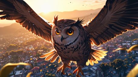 A stunning and hopeful scene, rendered in a beautiful blend of Pixar and anime styles. A wise blind owl, silhouetted against 