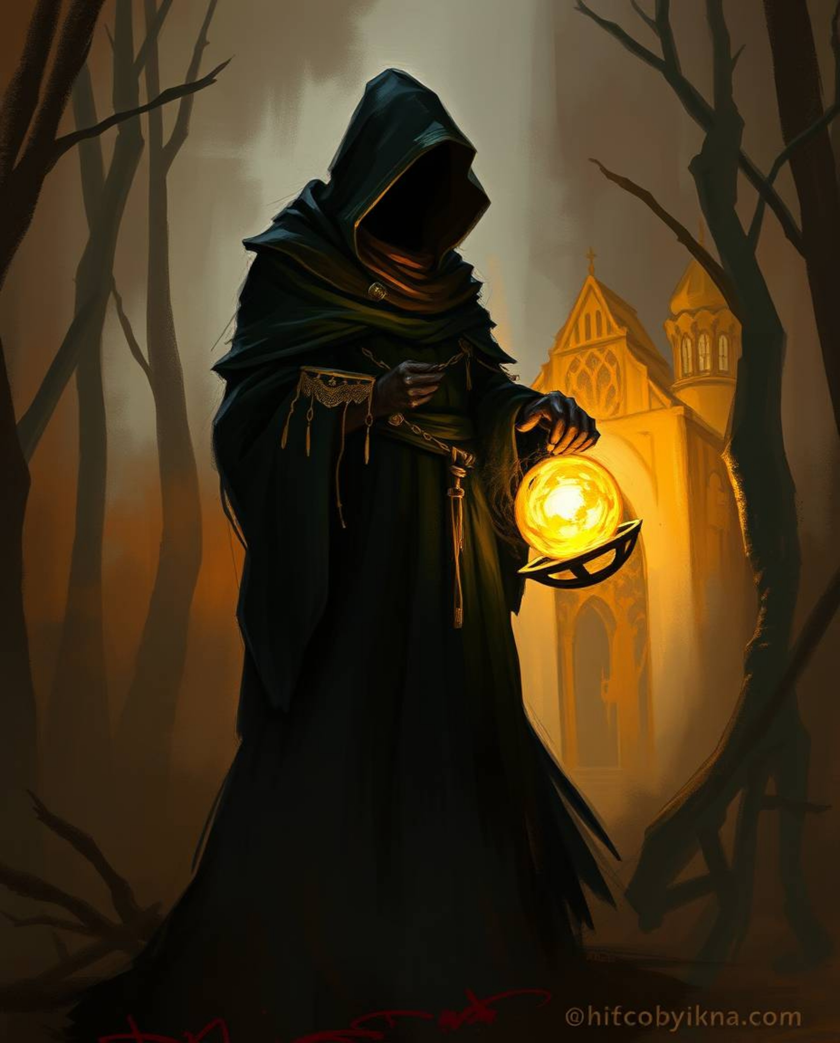 A dynamic digital sketch depicts a cloaked figure in a misty, atmospheric forest holding a glowing orb, rendered with loose p