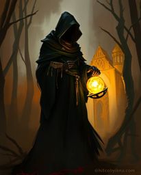 A dynamic digital sketch depicts a cloaked figure in a misty, atmospheric forest holding a glowing orb, rendered with loose p
