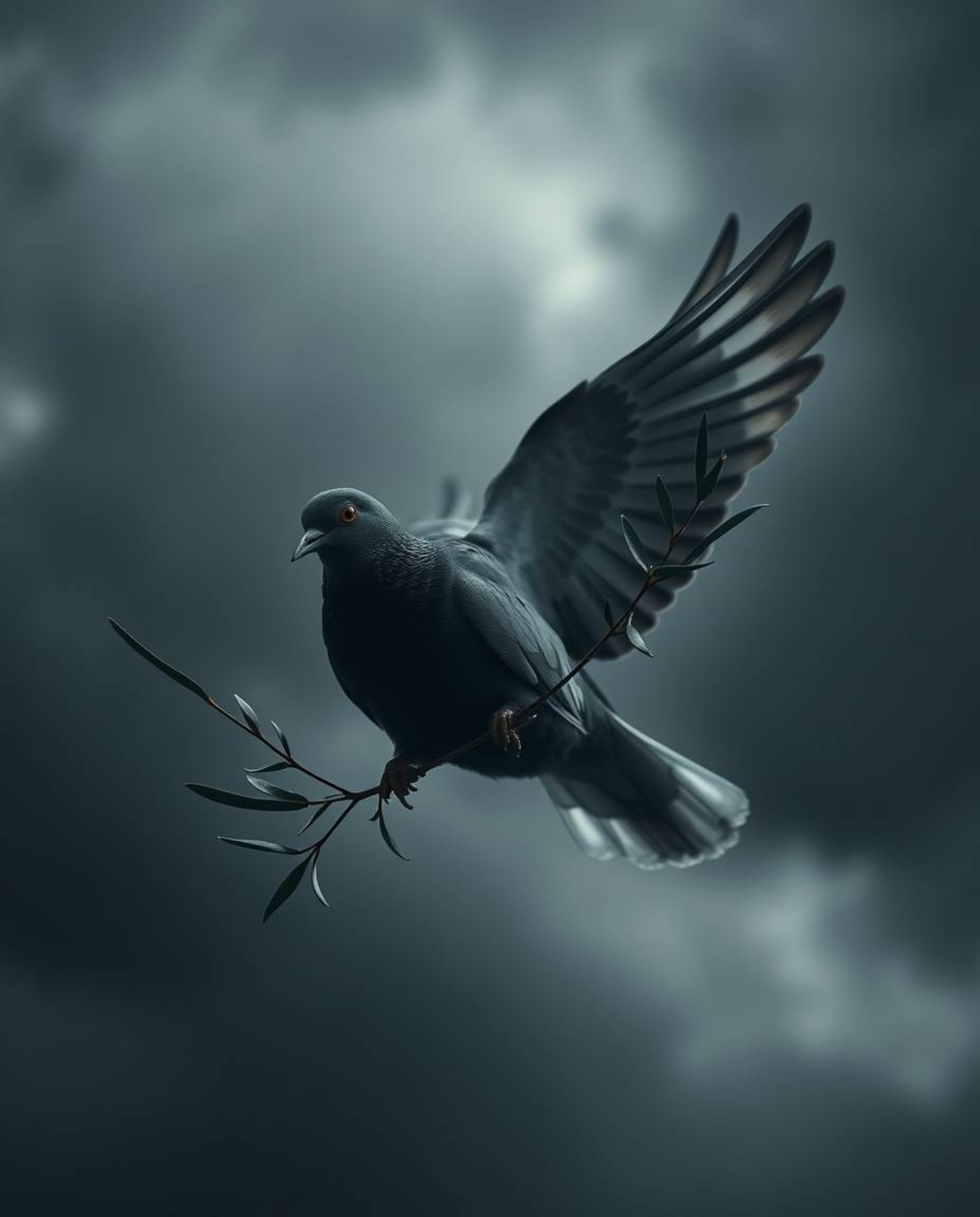 A captivating close-up image of a dove carrying an olive branch amidst a dramatic stormy sky.  The intense black and white to