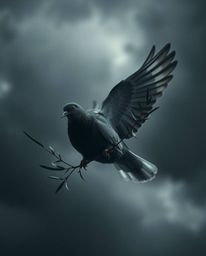 A captivating close-up image of a dove carrying an olive branch amidst a dramatic stormy sky.  The intense black and white to