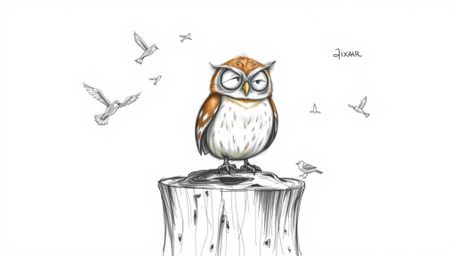 A heartwarming, hand-drawn sketch in Pixar style depicts a blind owl with soft brown feathers perched on a textured tree stum