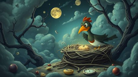 Experience a dreamlike and surreal scene featuring two cartoon birds diligently building a nest in a classic animation style.