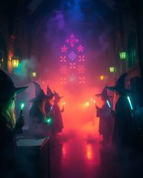 Discover a magical school brimming with young wizards, bathed in soft, dreamy light and vibrant bioluminescent colors.  Exper