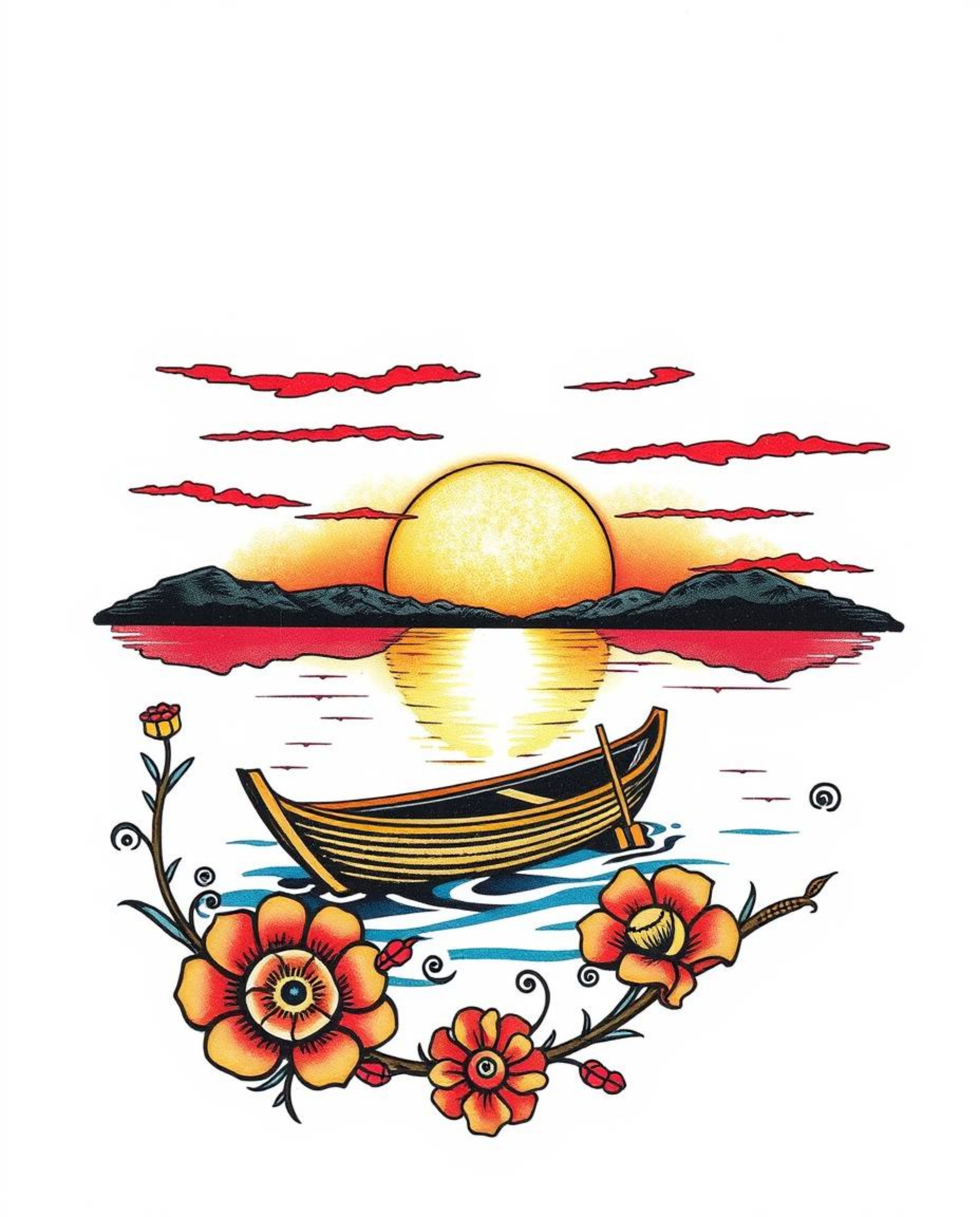 A traditional tattoo-style print depicts a boat drifting on a sunset lake. This artwork is characterized by its low contrast 