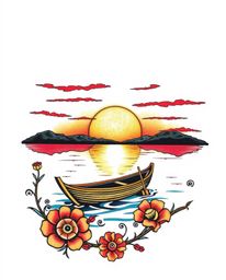 A traditional tattoo-style print depicts a boat drifting on a sunset lake. This artwork is characterized by its low contrast 