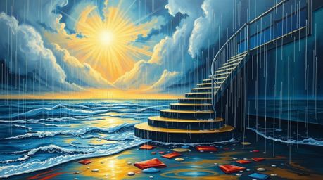 A bold acrylic painting captures a dramatic rainy scene featuring an ocean staircase ascending into a stormy sky illuminated 