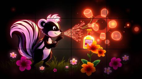 A creative light art piece showcasing a cartoon skunk spraying perfume onto vibrant flowers. The artwork is divided into dist