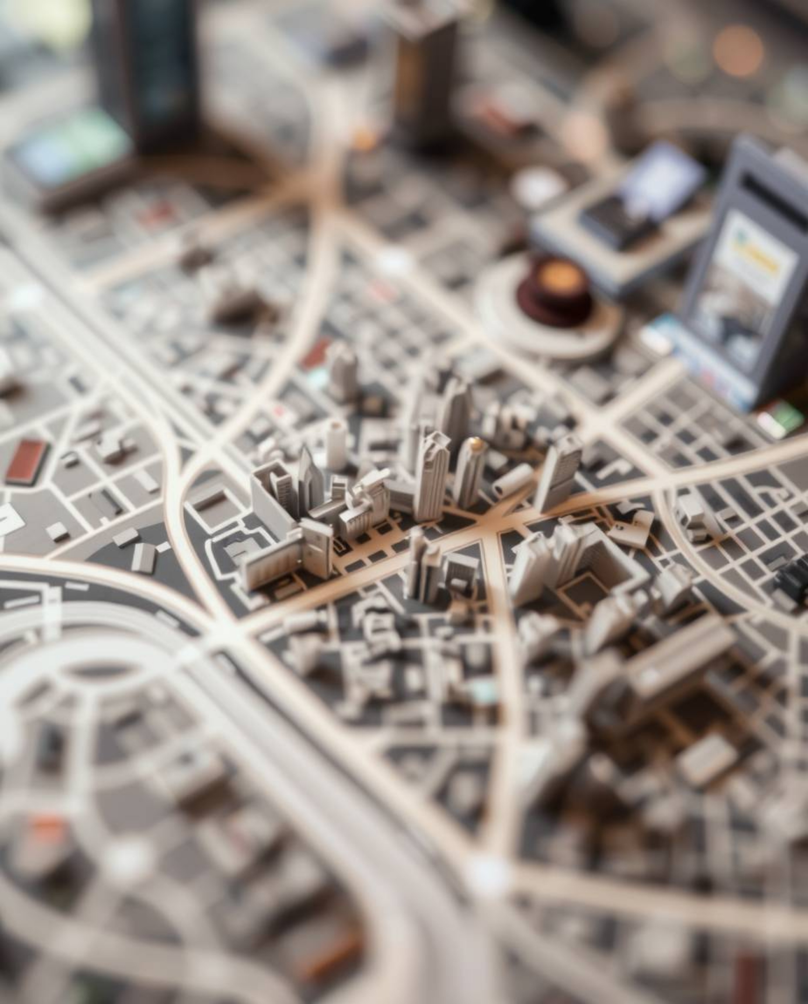 This captivating photograph showcases an abstract city map constructed from geometric shapes, captured from a high-angle pers