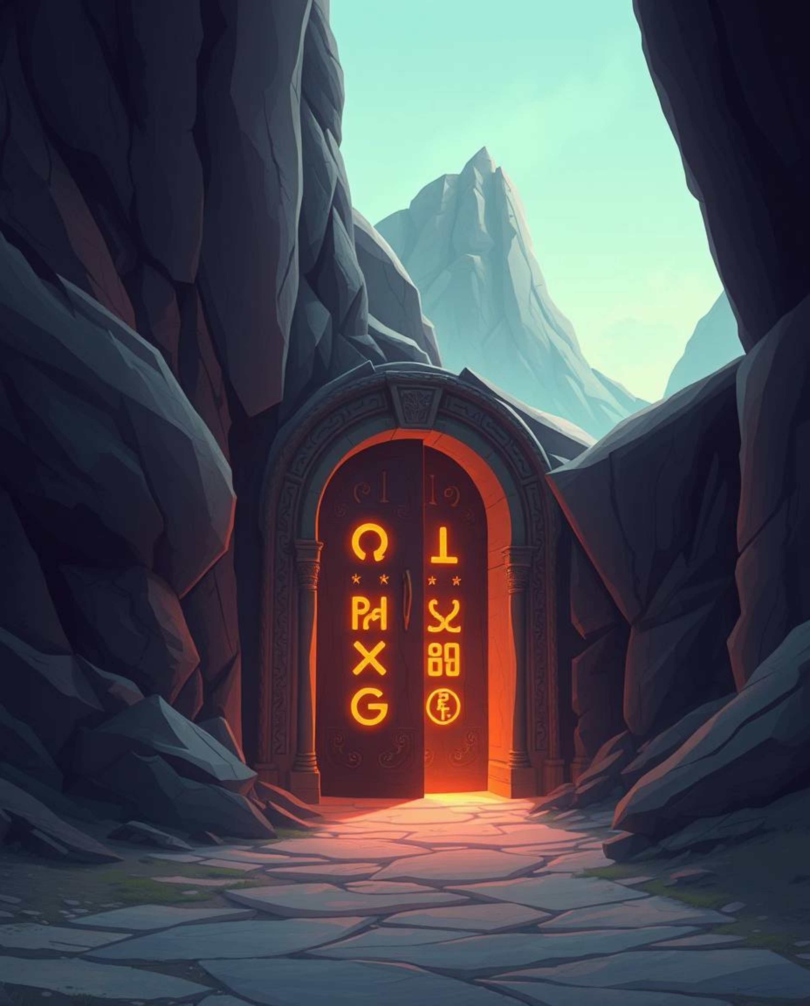 A captivating digital illustration featuring an ancient doorway intricately etched with glowing runes, seamlessly embedded in