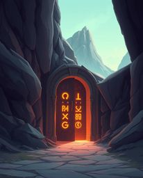 A captivating digital illustration featuring an ancient doorway intricately etched with glowing runes, seamlessly embedded in
